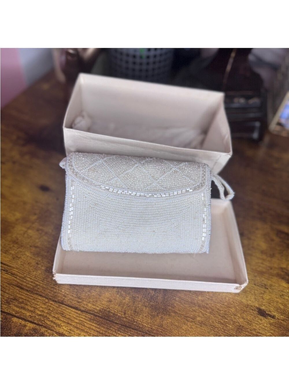 Vintage tiny Beaded purse cream beaded crown snap Vintage Japan - Picture 14 of 15